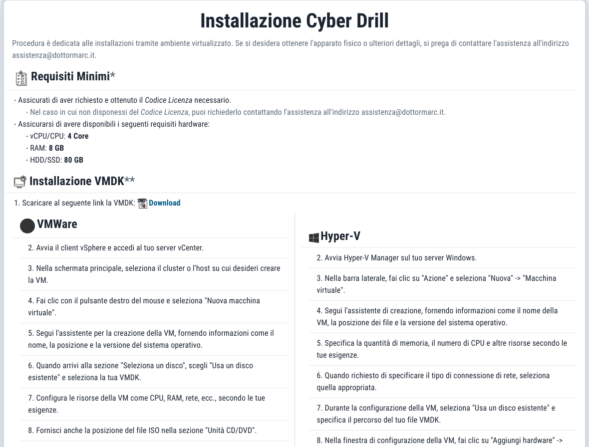 Cyber Drill installation page in the portal: minimum hardware requirements and step-by-step instructions for VMware and Hyper-V