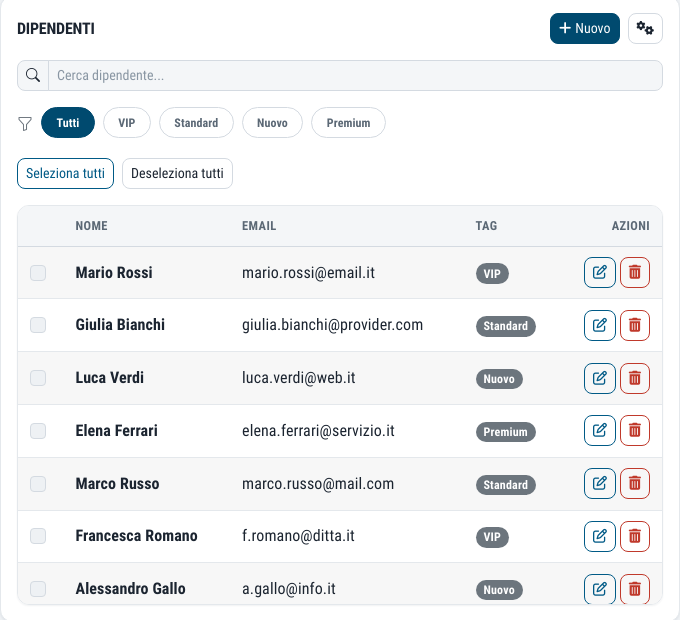 Employee directory in GDPR forms, with email, labels and selection for generating the documents