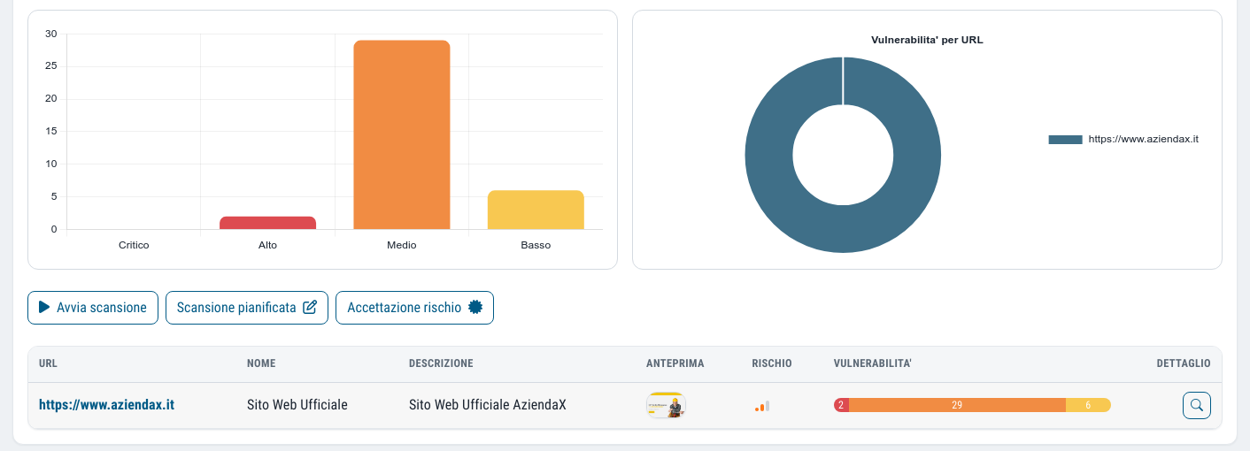 Web application vulnerability assessment: findings by severity and the card for the listed website with a preview and vulnerability bar